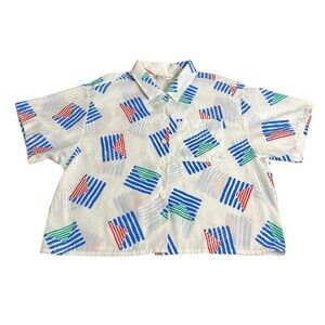 Vintage 80s Jane Brooks Top Womens 18 Retro Memphis Striped Boxy Collared Blouse